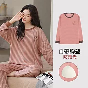 【AnZa】帶胸墊i條紋ns風居家休閒套裝     L 粉橘條紋