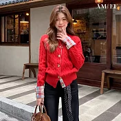 【AMIEE】時尚麻花拼接開襟針織毛衣外套(KDCQ-6697) FREE 紅色