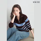 【AMIEE】潮流半拉鏈翻領針織毛衣上衣(KDTQ-2271) FREE 藍咖色