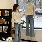 【初色】慵懶風簡約純色排釦高領長袖保暖寬鬆針織衫上衣女上衣-共3色-17464(F可選) FREE 米白色