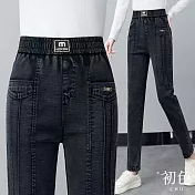 【初色】簡約高腰鬆緊腰雙口袋休閒褲牛仔褲窄管褲長褲-共2色-16027(M-6XL可選) M 黑灰色