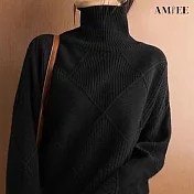 【AMIEE】洋氣設計感菱格高領針織毛衣(KDTQ-6901) M 黑色