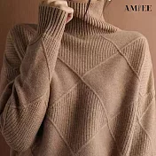 【AMIEE】洋氣設計感菱格高領針織毛衣(KDTQ-6901) M 咖色