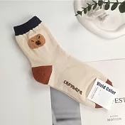 Kankoku韓國  立體刺繡小熊、水豚君中筒襪 米色