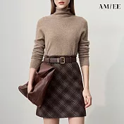 【AMIEE】學院風格紋毛呢高腰A字半身裙(KDSQ-604) M 咖啡色