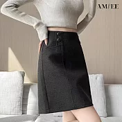 【AMIEE】設計款修身高腰毛呢A字半身裙(KDSQ-908) M 深灰