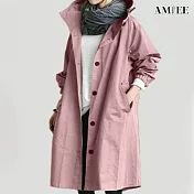 【AMIEE】日系休閒連帽棉質長版風衣(KDCQ-2279) M 粉色