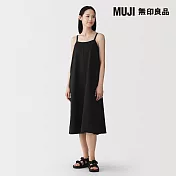 【MUJI 無印良品】女吉貝木棉混輕磅斜紋織細肩帶洋裝 S 黑色