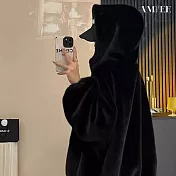 【AMIEE】韓版純色仿貂絨連帽外套(KDCQ-9495) M 黑色