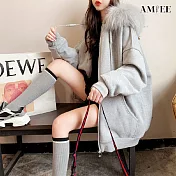 【AMIEE】毛毛領設計感寬鬆連帽外套(KDCQ-C23) M 灰色