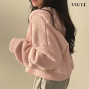 【AMIEE】極簡無印風羊羔絨連帽外套(KDCQ-918) M 粉紅