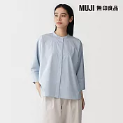 【MUJI 無印良品】女輕柔平織布七分袖襯衫 S 淺藍直紋