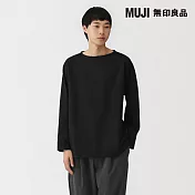【MUJI 無印良品】男水洗粗織船領九分袖T恤 S 黑色