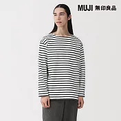 【MUJI 無印良品】男水洗粗織船領九分袖T恤 S 白橫紋