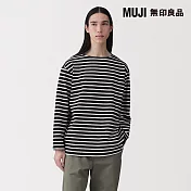 【MUJI 無印良品】男水洗粗織船領九分袖T恤 S 黑紋樣