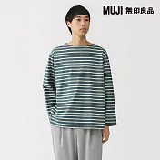 【MUJI 無印良品】男水洗粗織船領九分袖T恤 S 煙燻藍紋樣