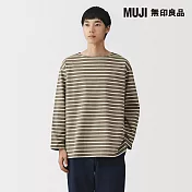 【MUJI 無印良品】男水洗粗織船領九分袖T恤 S 煙燻棕紋樣