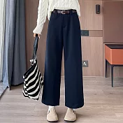 【AnZa】高腰毛呢八分直筒闊腿褲(3色) FREE 藏青