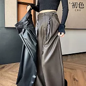 【初色】復古絲帶腰帶純色PU皮褲皮革高腰寬鬆直筒寬褲闊腿褲皮褲長褲-共2款2色-16817(M-2XL可選) M 咖色常規款