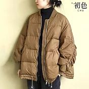 【初色】純色簡約拼接立領拉鍊長袖抽繩保暖禦寒棉服寬鬆外套女外套-共2色-17065(F可選) F 咖色