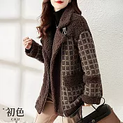 【初色】復古撞色格紋拼接毛呢加厚寬鬆翻領長袖中長款保暖外套女外套-咖色-17142(M-3XL可選) M 咖色