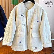 【初色】文青風刺繡小圖圓領排扣長袖寬鬆夾棉保暖外套女外套-共2色-17071(L-2XL可選) L 米色