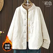 【初色】新中式復古純色立領排扣長袖棉麻風舖棉保暖棉服寬鬆外套女外套-米白色-17109(M-2XL可選) M 米白色
