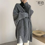 【初色】韓系加厚麻花保暖無釦落肩長袖針織開衫寬鬆中長款毛衣外套女外套-共2色-17113(F可選) F 灰色