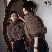 【初色】法式小香風加厚保暖拼接撞色立領長袖暖絨外套女外套-咖色-17173(M-2XL可選) M 咖色