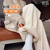 【初色】休閒純色鬆緊腰雙口袋立體設計修飾身材闊腿褲休閒褲寬褲長褲-共3色-17190(M-2XL可選) M 米白色