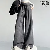 【初色】純色仿羊絨抽繩鬆緊腰高腰顯瘦寬鬆休閒褲寬褲闊腿褲長褲-共3色-17191(M-2XL可選) M 深灰色常規款
