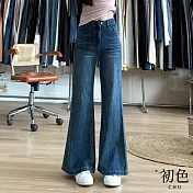 【初色】復古丹寧簡約休閒顯瘦顯高拉鍊扣牛仔喇叭褲寬褲長褲-深藍色-17192(M-XL可選) M 深藍色小個子款