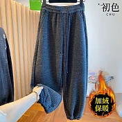 【初色】條紋加絨加厚保暖禦寒抽繩鬆緊腰寬鬆休閒褲寬褲闊腿褲蘿蔔褲長褲-灰色-17063(M-2XL可選) M 灰色
