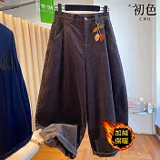 【初色】復古休閒寬鬆燈芯絨口袋鬆緊高腰九分褲哈倫褲寬褲長褲-共2色-17070(M-2XL可選) M 咖色