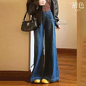 【初色】丹寧簡約休閒寬鬆拉鍊扣牛仔直筒闊腿拖地褲寬褲長褲-深藍色-17193(M-XL可選) M 深藍色小個子款