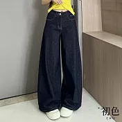 【初色】美式丹寧簡約拉鍊高腰直筒闊腿長褲寬褲長褲-共1色2款-17196(M-XL可選) M 深藍色小個子款