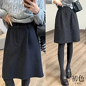 【初色】通勤風簡約純色毛呢立體捏摺花苞裙半身裙短裙-共2色-17199(M-XL可選) M 黑藍色