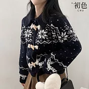 【初色】復古北歐風緹花盤釦翻領長袖短款保暖針織外套女外套-共3色-17343(F可選) F 藍色