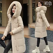 【初色】純色毛領連帽拉鍊長袖中長版腰帶修身加棉加厚保暖棉服大衣外套女外套-共4色-17259(M-3XL可選) M 米白色