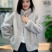 【初色】純色排釦立領長袖立體裝飾保暖絨毛外套女外套-共5色-17242(M-3XL可選) M 灰色