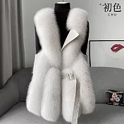 【初色】輕奢風氣質仿皮草毛絨保暖腰帶收腰V領無袖背心馬甲外套女外套-共3色-17244(M-2XL可選) M 白色