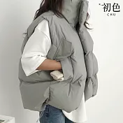 【初色】純色寬鬆加厚夾棉立領拉鍊無袖棉服外套夾克背心女背心-共4色-17325(F可選) F 墨綠色