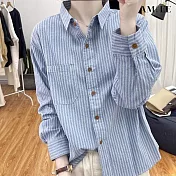 【AMIEE】韓版條紋顯瘦直紋棉麻襯衫上衣(KDTQ-111) M 藍色條紋