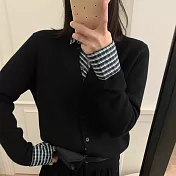 【AMIEE】韓系減齡格紋拼接襯衫上衣(KDTQ-321) M 黑色