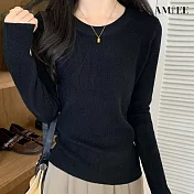 【AMIEE】無印風簡約修身針織上衣(KDTQ-035) M 黑色