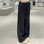 【AMIEE】韓版垂墜感顯瘦休閒闊腿褲(KDPQ-2140) M 黑色