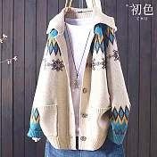 【初色】圖騰菱格紋雪花針織翻領排扣長袖寬鬆大口袋毛衣外套女外套-共4色-17369(F可選) F 米色