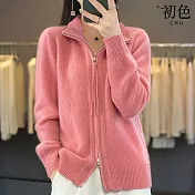 【初色】休閒風減齡輕盈寬鬆加厚暖毛純色雙向拉鍊翻領長袖針織外套女外套-共7色-17215(F可選) F 粉色