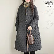 【初色】韓版純色圓領菱格單排釦口袋中長款長袖棉服外套女外套-共2色-17284(L-2XL可選) L 黑色