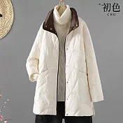 【初色】純色立領長袖寬鬆中長版夾棉保暖禦寒棉服大衣外套女外套-共4色-17298(M-2XL可選) M 白色